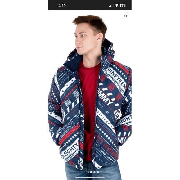 Tommy Jeans Hooded All-Over Logo Down Puffer Jacket Size Large NWOT - Picture 2 of 8